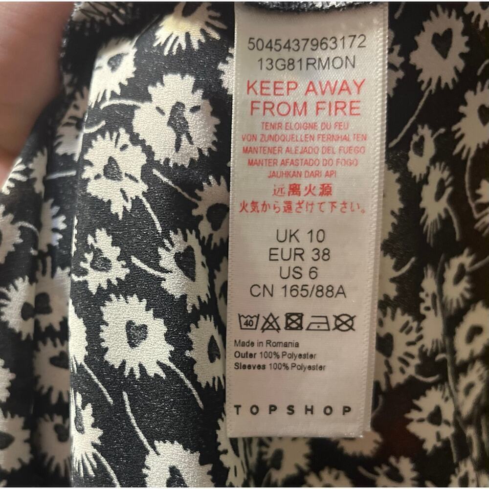 Topshop Women's Size 6 Black & White Floral Print Tie Sleeve Open Back Blouse - Picture 7 of 8